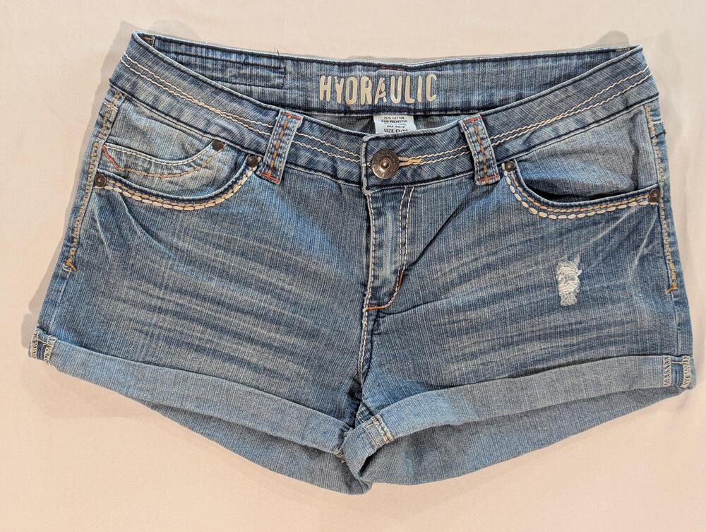 Hydraulic Shorts Juniors 13/14 Blue Denim Hot Pants Cuffed Embroidered 3 Inseam